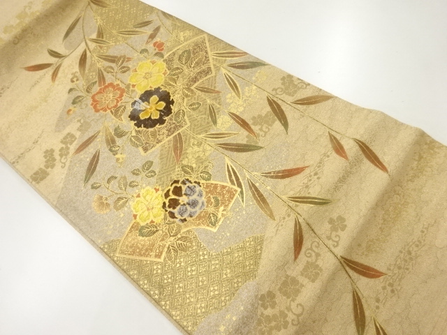 JAPANESE KIMONO / ANTIQUE FUKURO OBI / SILK / WOVEN JIGAMI & FLOWERS
